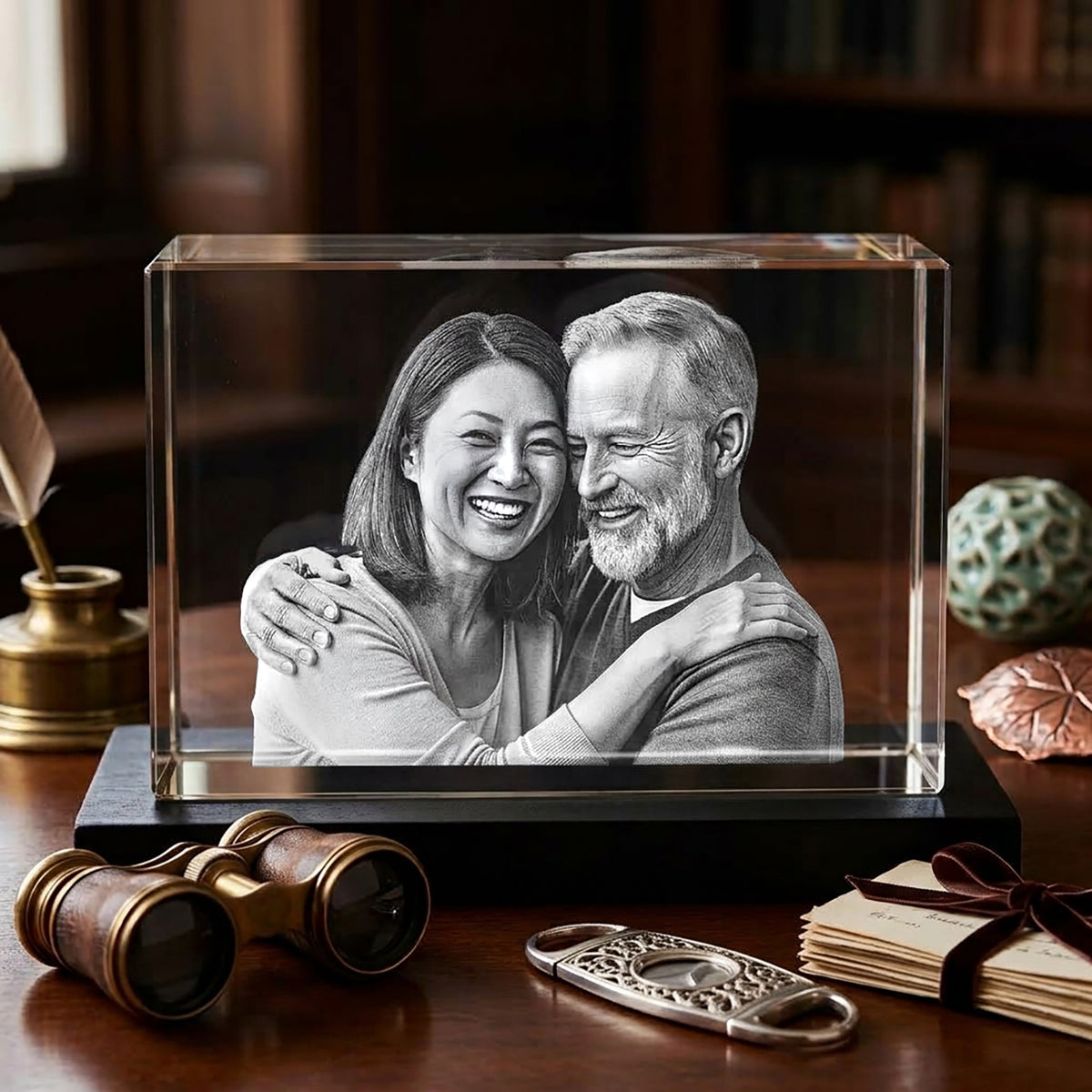Photo engraved inside a clear optical crystal keepsake